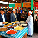 **

A bustling Uzbek bazaar in Tashkent, showcasing a vibrant mix of ethnicities (Uzbeks, Russians, Tajiks, Koreans, etc.) interacting and trading. Focus on the diversity of clothing, languages spoken, and goods sold. Capture the energy of the marketplace as a "melting pot" of cultures.

**