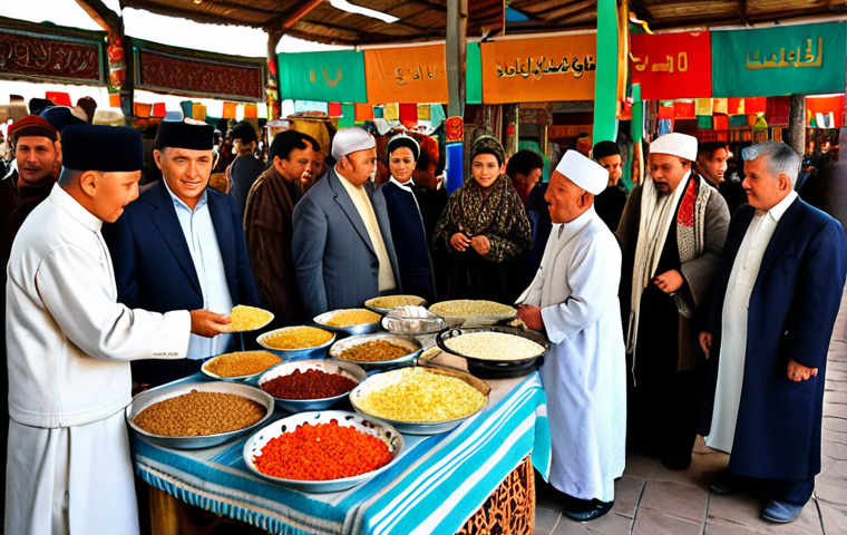 **
A bustling Uzbek bazaar in Tashkent, showcasing a vibrant mix of ethnicities (Uzbeks, Russians, Tajiks, Koreans, etc.) interacting and trading. Focus on the diversity of clothing, languages spoken, and goods sold. Capture the energy of the marketplace as a "melting pot" of cultures.
**