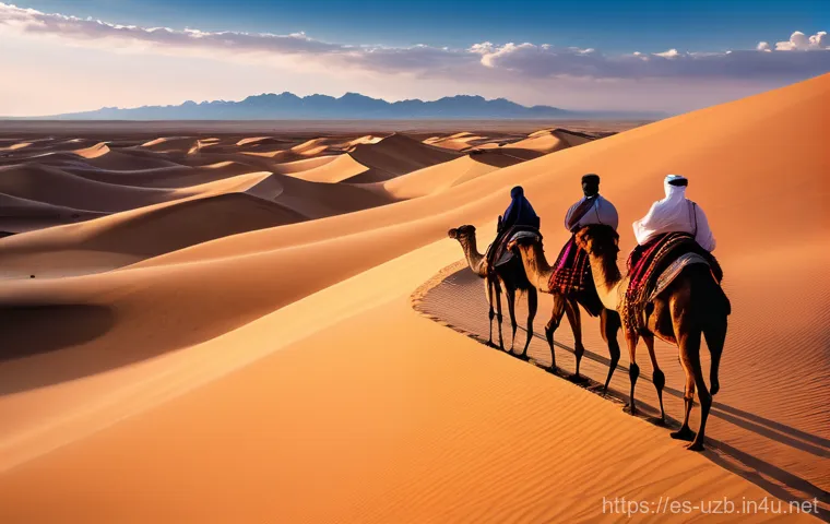 우즈베키스탄에서 촬영된 할리우드 영화 - **Prompt 1: Majestic Kyzyl-Kum Desert Sunset with a Historical Caravan**
    "A breathtaking cinemat...