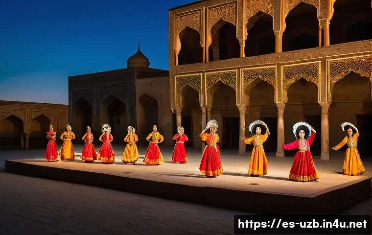 부하라에서 체험할 수 있는 민속공연 - **"A vibrant and authentic Uzbek folk dance performance taking place at twilight in the ancient cour...