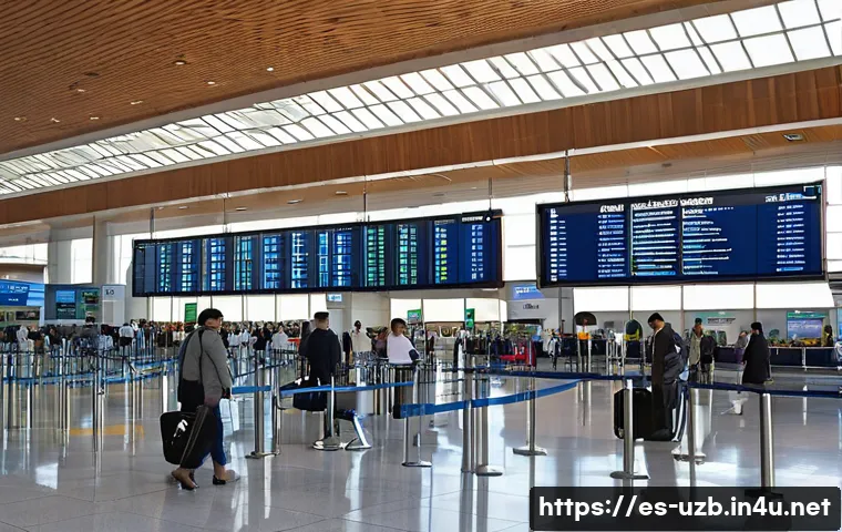 타슈켄트와 서울 간 직항 항공편 정보 - A vibrant airport scene inside Tashkent International Airport showing modern architecture and bustli...