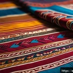 Home 22 우즈베키스탄에서 인기 있는 기념품 - A vibrant close-up of traditional Uzbek ikat fabric, showcasing intricate patterns with softly blurr...