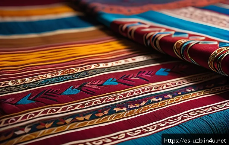 우즈베키스탄에서 인기 있는 기념품 - A vibrant close-up of traditional Uzbek ikat fabric, showcasing intricate patterns with softly blurr...