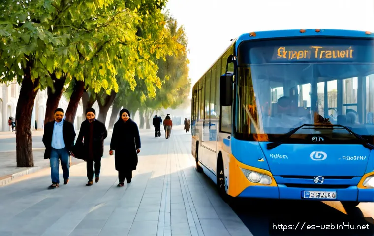 Home 16 우즈베키스탄 교통수단 종류 및 이용법 - Photorealistic travel scene in Tashkent, Uzbekistan: a clean modern city bus stopped beside a broad ...