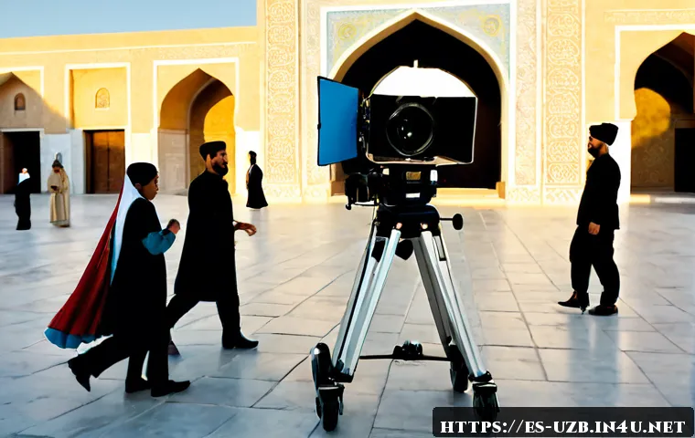 우즈베키스탄 영화 산업과 주요 작품 - Photorealistic wide shot inside a modern Uzbekistan film studio in Tashkent, a diverse Central Asian...